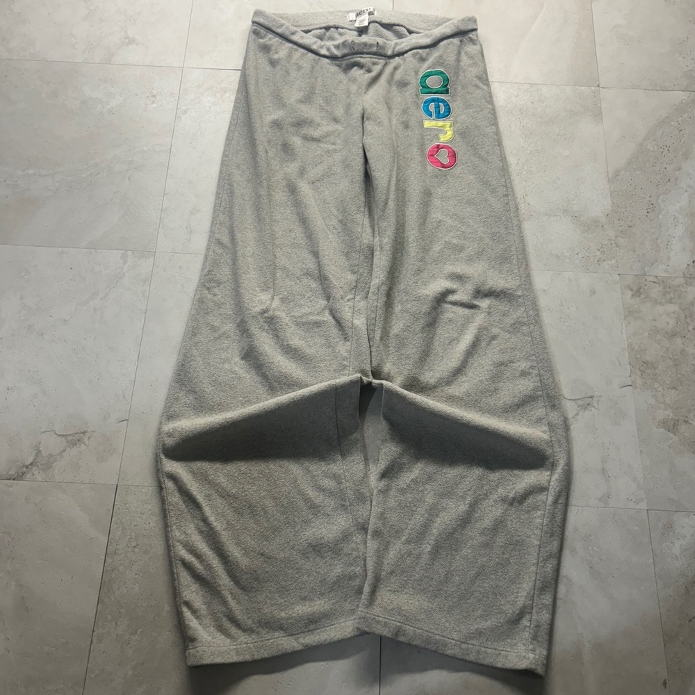 Aeropostale Wide Leg Sweatpants Gray Women XS Y2K Logo Heart Fleece Loungewear